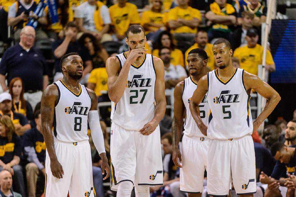 Trent Nelson  |  The Salt Lake Tribune
Utah Jazz guard Shelvin Mack (8), Utah Jazz center Rudy Gobert (27), Utah Jazz forward Joe Johnson (6) and Utah Jazz guard Rodney Hood (5) on the court in the final minute, down ten points, as the Utah Jazz host the Golden State Warriors in Game 3 of the second round, NBA playoff basketball in Salt Lake City, Saturday May 6, 2017.