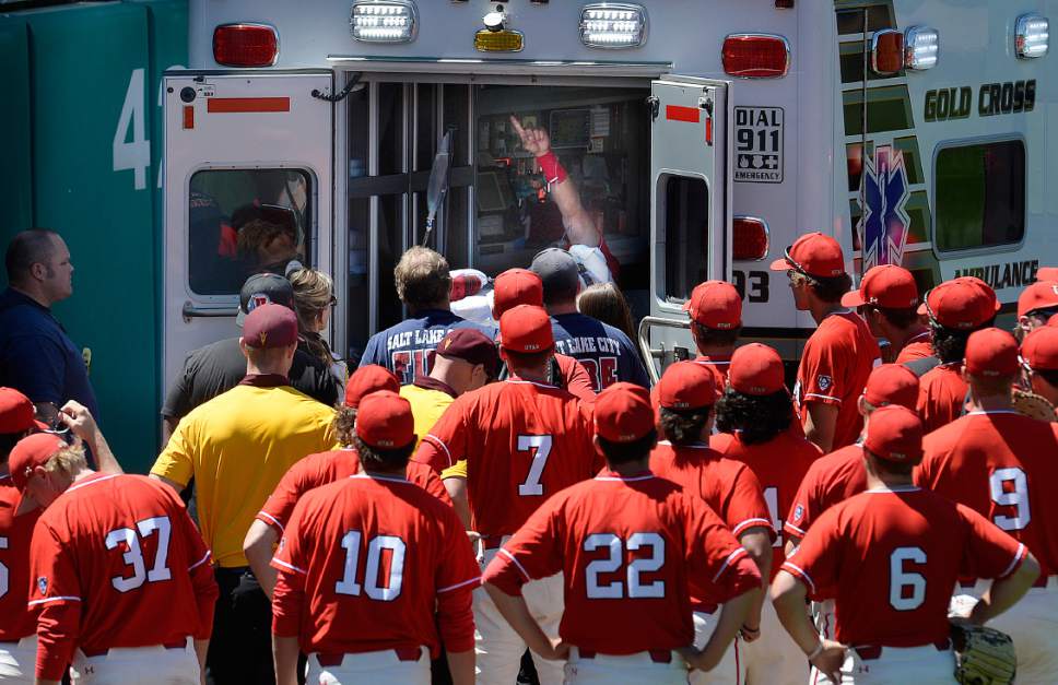 Scott Sommerdorf | The Salt Lake Tribune
Utah CF DaShawn Keirsey Jr. gives team mates a signal after he seriously injured himself trying to make a play on Hunter Bishop's home run during first inning play, Sunday, May 28, 2017.