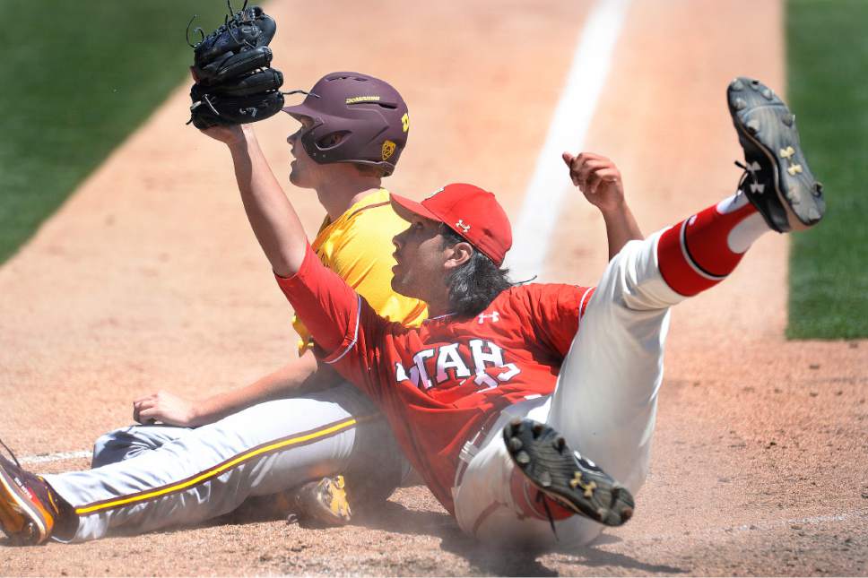 Scott Sommerdorf | The Salt Lake Tribune
Utah pitcher Jacob Rebar waits for the umpire's call after he tagged ASU's Spencer Van Scoyoc out at the plate after during sixth inning play, Sunday, May 28, 2017.  ASU led the Utes 8-7 after the inning. Rebar had thrown a wild pitch that went to the backstop, but catcher Zack Moeller was able to get the ball to Rebar in time to catch An Scoyoc.