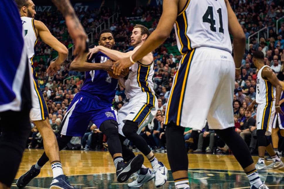 Chris Detrick  |  The Salt Lake Tribune
Sacramento Kings forward Rudy Gay (8) drives past Utah Jazz forward Gordon Hayward (20) during the game at Vivint Smart Home Arena Thursday January 14, 2016. Sacramento Kings defeated the Utah Jazz 103-101.