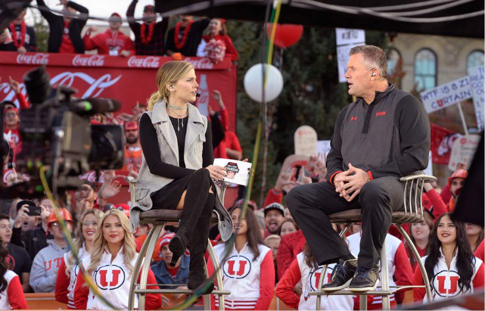 Scott Sommerdorf   |  The Salt Lake Tribune  
Utah head coach Kyle Whittingham during a segment with ESPN college football contributor Samantha Ponder during the ESPN College Gameday broadcast at President's Circle on the University of Utah campus, Saturday, October 29, 2016.