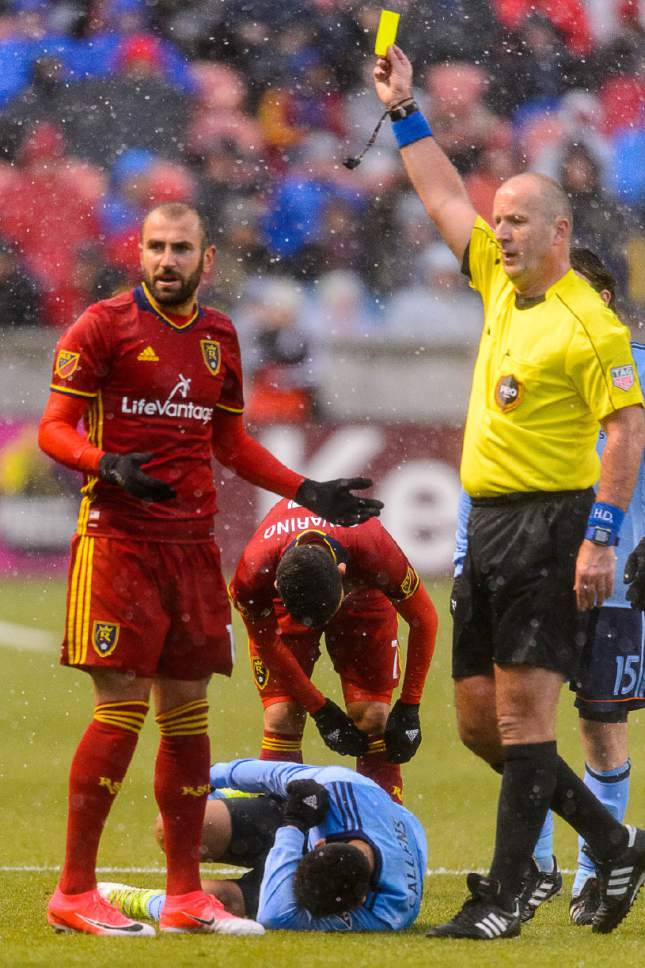 Trent Nelson  |  The Salt Lake Tribune
Real Salt Lake forward Yura Movsisyan (14) gets a yellow card as New York City FC defender Alexander Callens (6) rolls on the ground. Real Salt Lake vs. New York City FC at Rio Tinto Stadium in Sandy, Wednesday May 17, 2017.