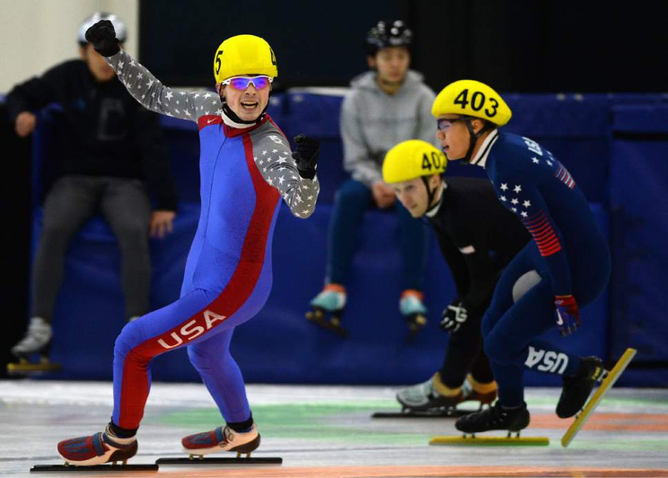 Steve Griffin / The Salt Lake Tribune

John-Henry Krueger celebrates his victory in the 1,000 short-track finals event at the final day of the 2017 U.S. Speedskating Championships at the Utah Olympic Oval in Kearns, Utah Sunday January 8, 2017. John-Henry Krueger won the event.