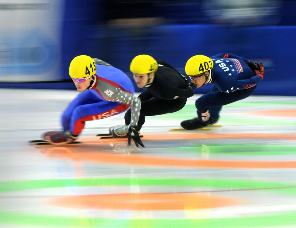 Steve Griffin / The Salt Lake Tribune

John-Henry Krueger leads to pack around the corner during the 1,000 short-track finals event at the final day of the 2017 U.S. Speedskating Championships at the Utah Olympic Oval in Kearns, Utah Sunday January 8, 2017. John-Henry Krueger won the event.