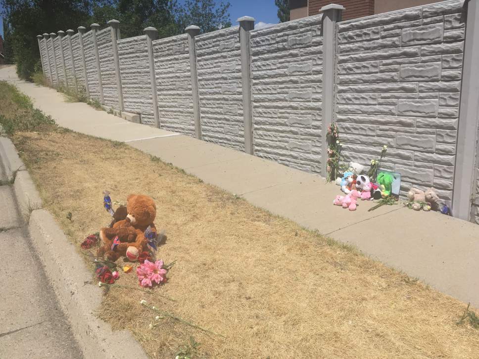 Tiffany Frandsen | The Salt Lake Tribune

A teddy bear and flowers near the scene of of a murder suicide in Sandy, Alta Canyon Drive near its intersection with Littlecloud Road on June 7, 2017.