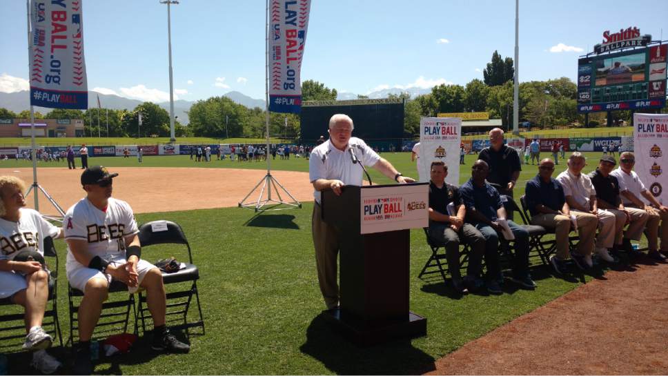 Lynn Worthy  |  The Salt Lake Tribune


President and CEO of Minor League Baseball Pat O'Conner speaking at Saturday's Play Ball event at Smith's Ballpark.