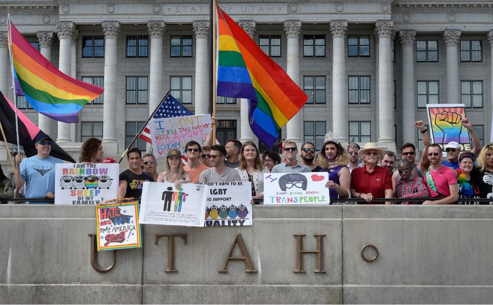 Scott Sommerdorf | The Salt Lake Tribune
Marchers gathered on the south steps of the Utah State Capitol Building as Salt Lake City joined the Nationwide LGBT March and Rally among 97 cities across the nation, in the Equality March for Unity & Pride, Sunday, June 11, 2017.