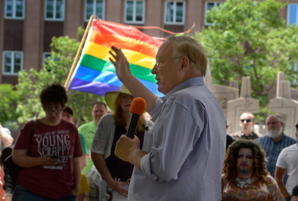 Scott Sommerdorf | The Salt Lake Tribune
Utah Senator Jim Dabakis, D-Salt Lake, speaks at the Federal Building as Salt Lake City joined the Nationwide LGBT March and Rally among 97 cities across the nation, in the Equality March for Unity & Pride, Sunday, June 11, 2017.