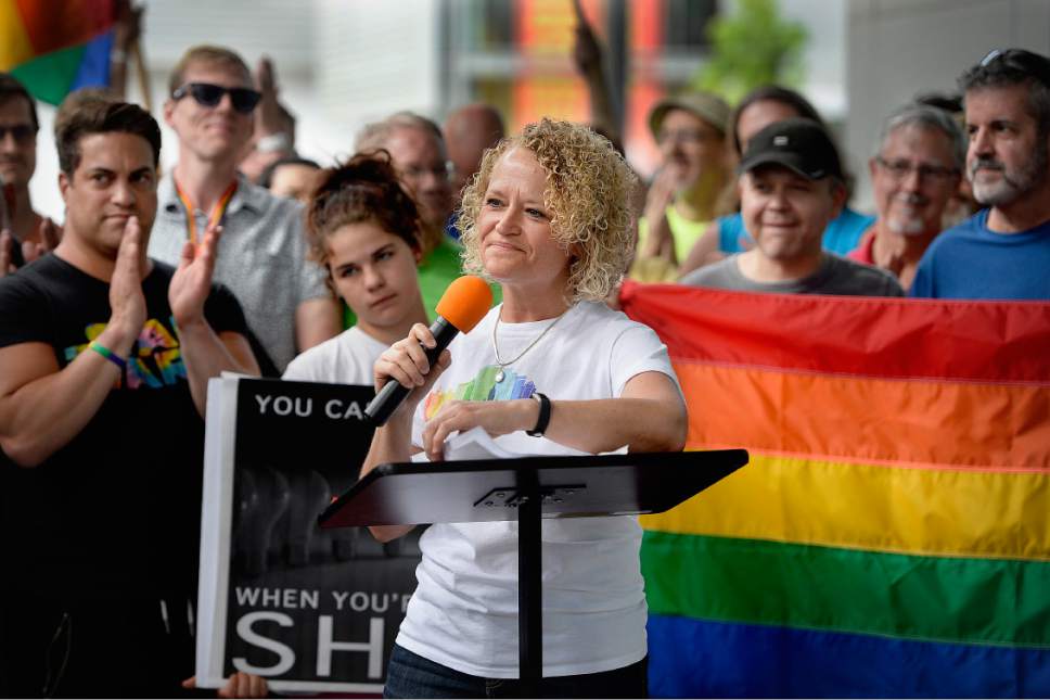 Scott Sommerdorf | The Salt Lake Tribune
Salt Lake City Mayor Jackie Biskupski speaks at the Federal Building as Salt Lake City joined the Nationwide LGBT March and Rally among 97 cities across the nation, in the Equality March for Unity & Pride, Sunday, June 11, 2017.