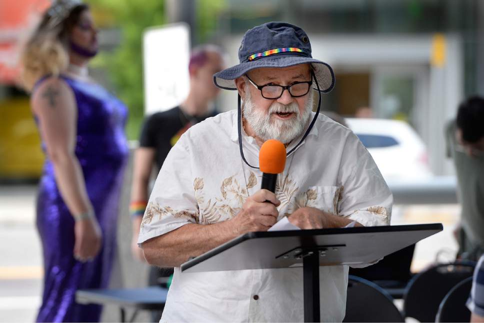 Scott Sommerdorf | The Salt Lake Tribune
Salt Lake historian Ben Williams, speaks at the Federal Building as Salt Lake City joined the Nationwide LGBT March and Rally among 97 cities across the nation, in the Equality March for Unity & Pride, Sunday, June 11, 2017.