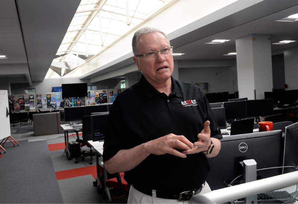 Al Hartmann  |  The Salt LakeTribune
Bob Kessler describes the computer lab at the Entertainment Arts and Engineering building where students create video esport programs at the The University of Utah.  It is the first school in one of the Power 5 conferences to offer varsity esports.