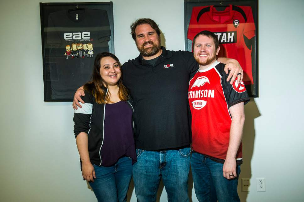 Chris Detrick  |  The Salt Lake Tribune
Crimson Gaming Director Angie Klingsieck, eSports Director of Operations A.J. Dimick and Crimson Gaming Competitive Director Jordan Runyan pose for a portrait at the University of Utah Wednesday, April 5, 2017.  Utah esports will compete in multiple games and has confirmed League of Legends as its first game with additional games to be announced shortly. The esports program is the first of its kind from a school out of the Power Five athletics conferences (Pac-12, Big Ten, Big 12, Atlantic Coast and Southeastern).