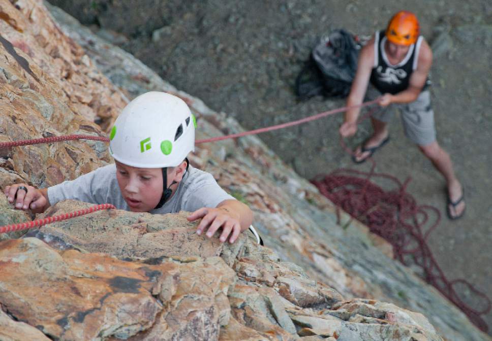 Michael Mangum  |  Special to the Tribune


Scott Person, 11 years old from Midvale, climbs a line in Big Cottonwood Canyon with Army veteran Geoff Bippes belaying from below on Saturday, June 10, 2017.