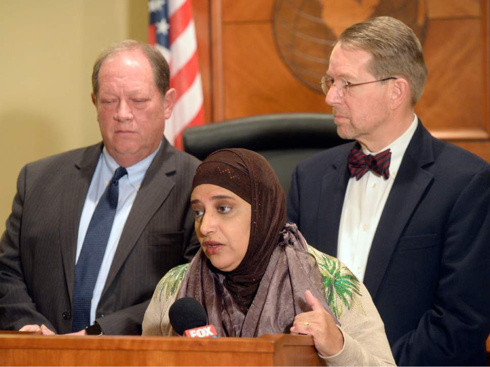 Al Hartmann  |  The Salt Lake Tribune
Attorneys Brad Parker, left back, and James McConkie join Noor Ul-Hasan, a Muslim community leader, to announce that a diverse, nonpartisan group of attorneys and other professionals from around the state have formed the Refugee Justice League of Utah. The new organization is dedicated to promoting and defending the civil, religious, and constitutional rights of persons who are discriminated against on the basis of their religious beliefs and national origins.