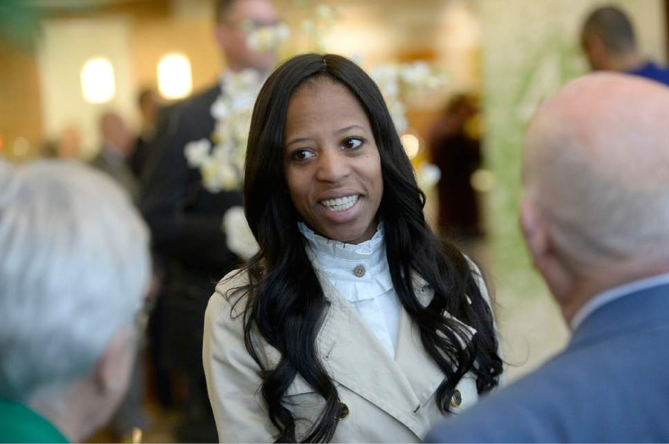 Al Hartmann  |  The Salt Lake Tribune
Congresswoman Mia Love speaks with Kristine and Gene Hughes, two of the three original founders of Natures Sunshine at a  45th anniversary celebration at the company headquarters in Lehi Tuesday April 11.
