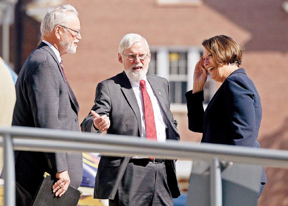 Francisco Kjolseth  |  The Salt Lake Tribune
University of Utah President David Pershing, center, speaks with A. Lorris Betz, the interim U. Health Care CEO and Ruth Watkins, Sr. VP of Academic Affairs following a meeting at the Spencer F. and Cleone P. Eccles Health and Sciences Building on Monday, May 1, 2017. President Pershing announced he will be stepping down from his post, and that the search for his replacement will run in "parallel" with the hiring process for a new Health Sciences vice president to replace Vivian Lee, who resigned Friday amid controversy.