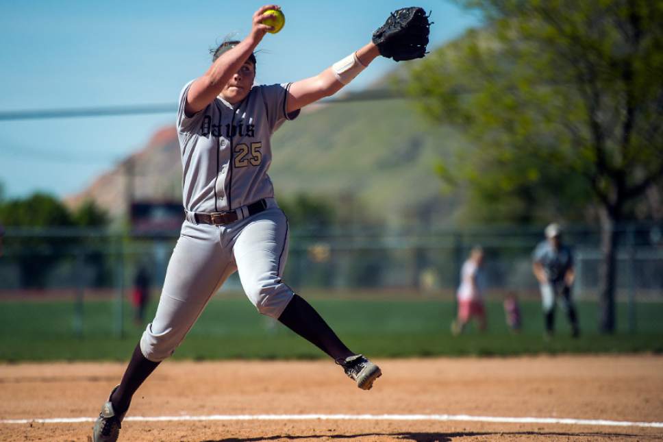 Chris Detrick  |  The Salt Lake Tribune
Davis' Mia Cullimore (25) pitches during the game at West High School Wednesday, May 3, 2017.  Davis defeated West game 3-1.
