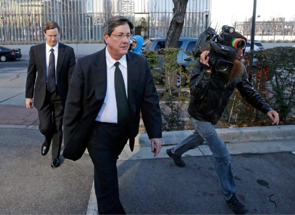 AP Photo/Rick Bowmer |
In this Wednesday, Jan. 21, 2015 file photo, brothers of polygamous sect leader Warren Jeffs, Lyle, foreground, and Nephi, leave the federal courthouse in Salt Lake City. The U.S. Attorney's Office for Utah says  Warren Jeffs, now imprisoned in Texas, has named Nephi Jeffs the new bishop of Hildale, Utah, and Colorado City, Ariz., the traditional home base of the Fundamentalist Church of Latter-Day Saints.