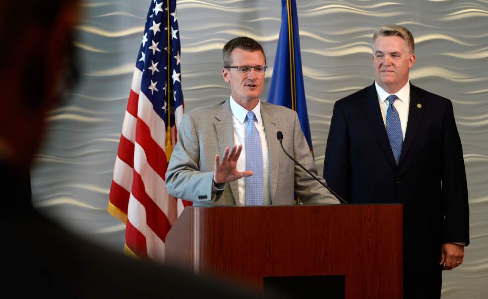 Scott Sommerdorf | The Salt Lake Tribune
FBI Special Agent in Charge Eric Barnhart, left, speaks as US Attorney for Utah John Huber is at right at a press conference about the arrest of FLDS Church Leader Lyle Jeffs, Thursday, June 15, 2017. Jeffs was arrested Wednesday night in South Dakota.