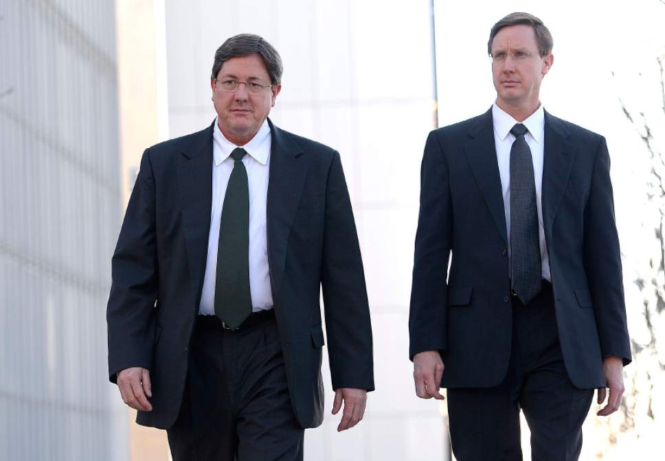 Leah Hogsten  |  The Salt Lake Tribune
Lyle Jeffs, left, believed to be the FLDS bishop in Hildale, Utah, and Colorado City, Arizona, and Nephi Jeffs appeared in U. S. District Court in Salt Lake City in January 21, 2015. Both men, who are Warren Jeffs' brothers, have been served subpoenas in a U.S. Department of Labor lawsuit against Paragon Contractors, that provided labor for the Southern Utah Pecan Ranch near Hurricane. Both businesses are owned by members of the FLDS. Labor department investigators, according to court documents, believe that as many as 1,400 school-age children and their parents participated in the harvest.