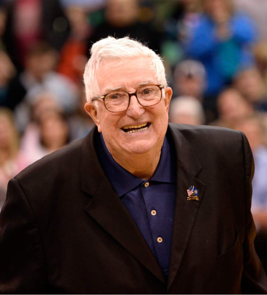 Rick Egan  | The Salt Lake Tribune 

Former Utah Jazz coach, Frank Layden is introduced to the crowd along with fellow coaches and former players from the 1983-84 team, for '80's night, between quarters of the The Utah Jazz, Orlando Magic game, at EnergySolutions Arena Saturday, March 22, 2014.