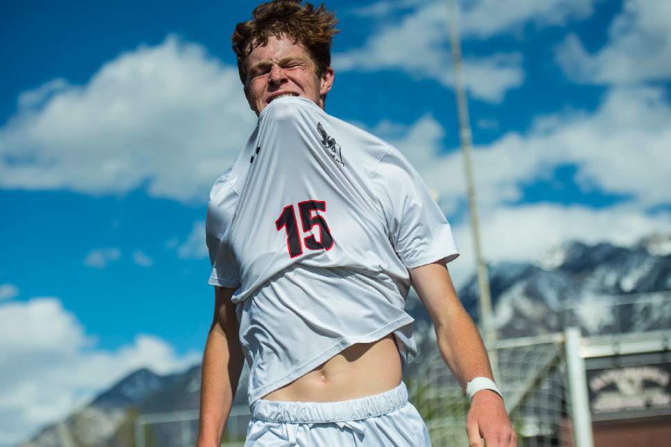 Chris Detrick  |  The Salt Lake Tribune
Alta's Nick Lowrimore (15) reacts after missing a potential game-winning goal during the game at Alta High School Tuesday, May 2, 2017.