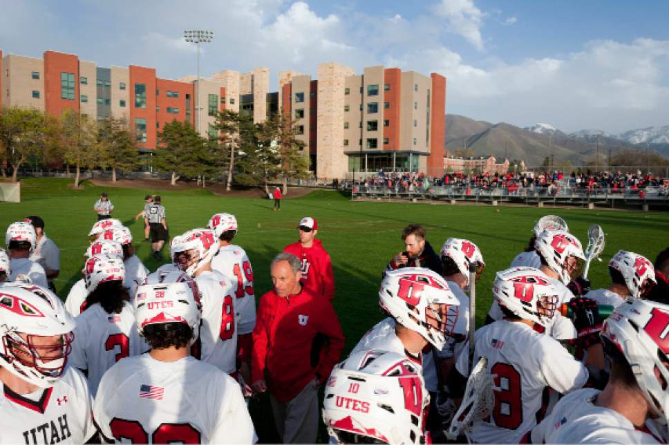 Michael Mangum  |  Special to the Tribune

Utah Utes men's lacrosse head coach Brian Holman, left center, and his team take on the Texas Longhorns at Ute Soccer Field in Salt Lake City on Thursday, April 13, 2017.