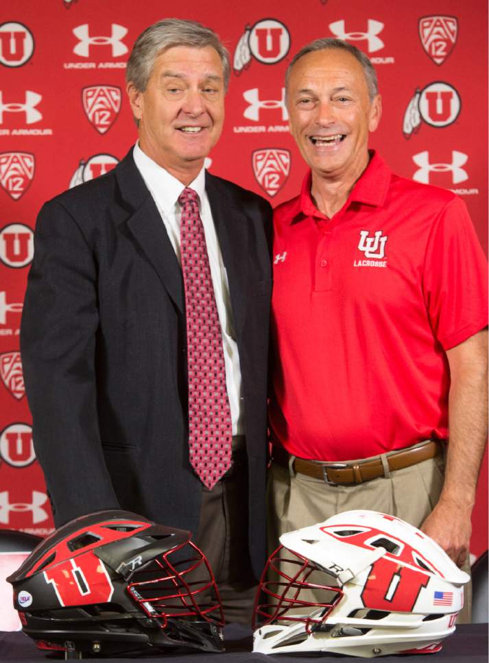 Rick Egan  |  The Salt Lake Tribune

University of Utah Athletic Director, Chris Hill Lacrosse and coach Brian Holman, as the U of U announces that it will add men's lacrosse as a division 1 sport in a news conference at the Spence and Cleone Eccles Center, Friday, June 16, 2017.