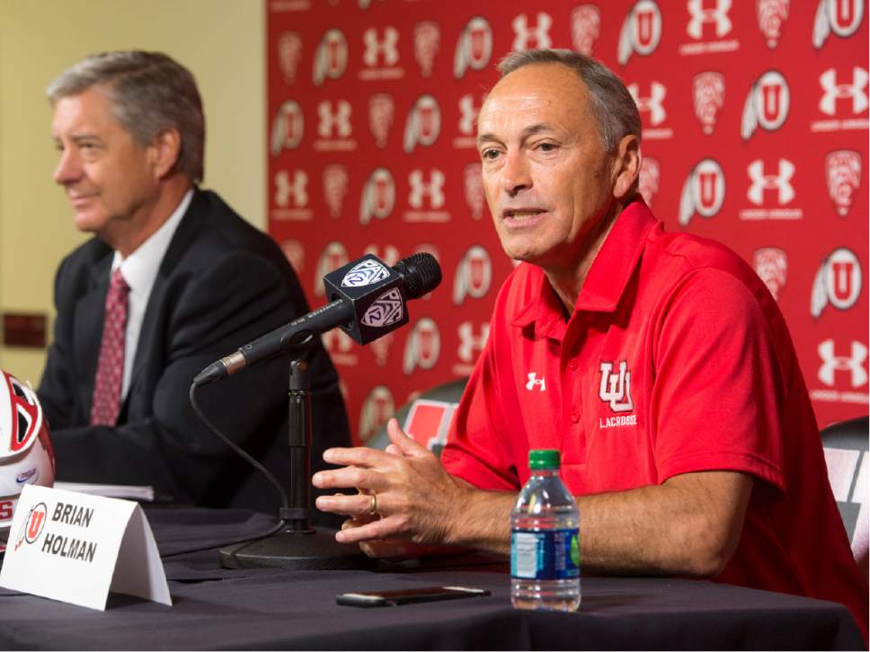 Rick Egan  |  The Salt Lake Tribune

University of Utah Lacrosse coach Brian Holman makes a statement, as the UofU announces that it will add men's lacrosse as a division 1 sport in a news conference at the Spence and Cleone Eccles Center, Friday, June 16, 2017.