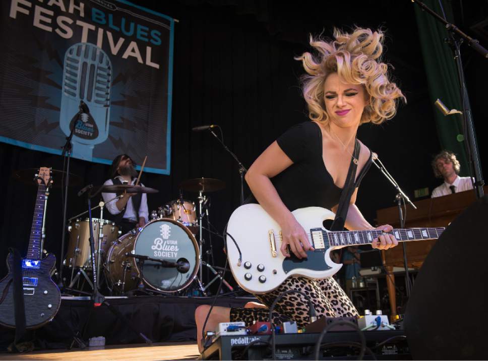 Leah Hogsten  |  The Salt Lake Tribune
Guitarist and singer Samantha Fish entertains the crowd at the third annual Utah Blues Festival at the Gallivan Center on Saturday. The nonprofit Utah Blues Society holds this event as a fundraiser with proceeds largely going toward student education and local musician assistance.