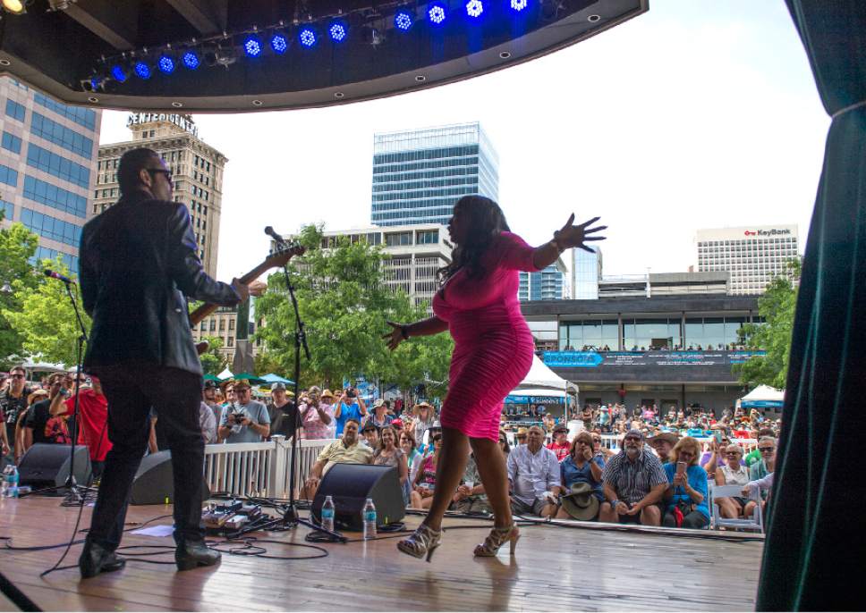 Leah Hogsten  |  The Salt Lake Tribune
Annika Chambers entertains the crowd at the third annual Utah Blues Festival at the Gallivan Center, Saturday, June 18, 2017. The nonprofit Utah Blues Society holds this event as a fundraiser with proceeds largely going toward student education and local musician assistance.