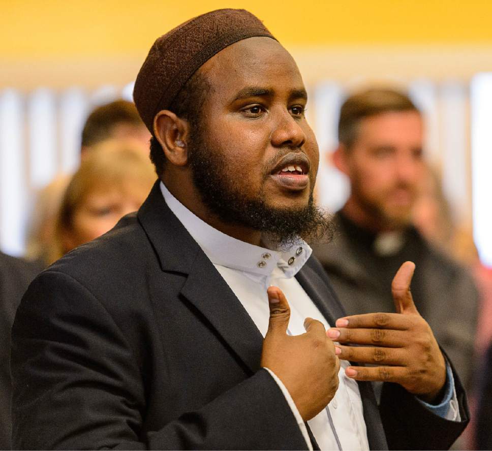 Trent Nelson  |  The Salt Lake Tribune
Imam Yussuf Abdi speaks at a news conference where religious and community leaders gathered at the Madina Masjid Islamic Center in Salt Lake City to show support, Friday March 10, 2017.