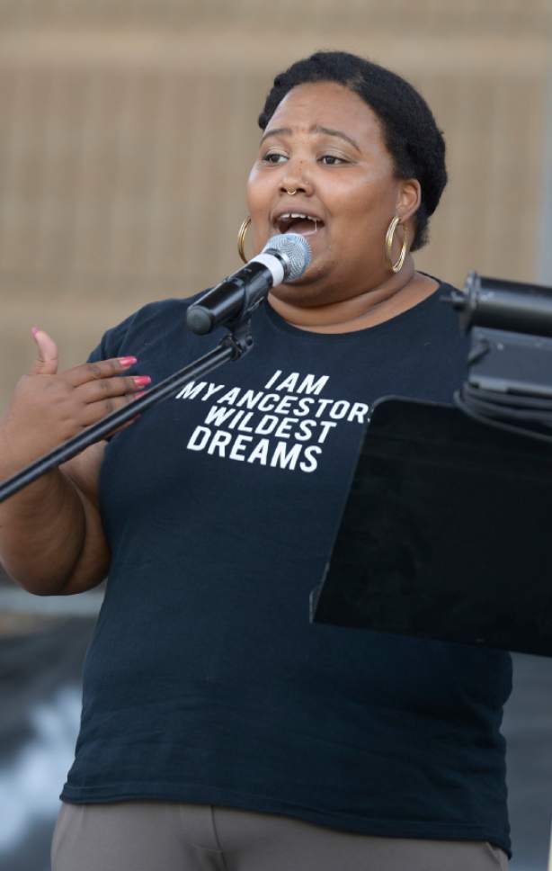 Leah Hogsten  |  The Salt Lake Tribune
Performance Poet Ashley Finley, on the web at "Finding Finley.com" recites her poem "Today" at the 28th Annual Juneteenth Freedom and Heritage Festival, Saturday, June 18, 2017 at the Utah Cultural Celebration Center. Juneteenth celebrates the end of slavery in the United States.