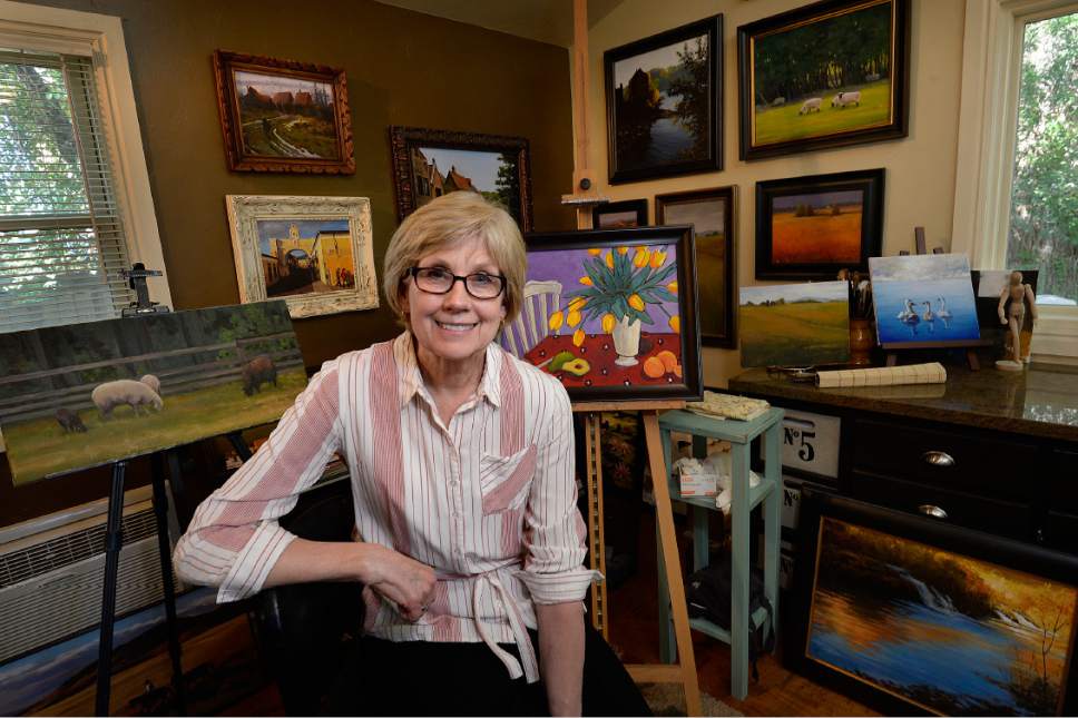 Scott Sommerdorf | The Salt Lake Tribune
Joan Crowther sits in her art studio in her historic West Jordan home, Wednesday, June 7, 2017. She and her husband Carl are petitioning the city to purchase the historic property and turn it into an art gallery.