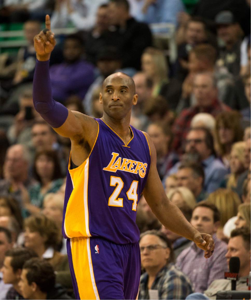 Rick Egan  |  The Salt Lake Tribune

Los Angeles Lakers forward Kobe Bryant (24) salutes the crowd as he leaves the game, after playing his last basketball game in Utah, as the Utah Jazz beat the the Los Angeles Lakers 123-75, in Salt Lake City, Monday, March 28, 2016.