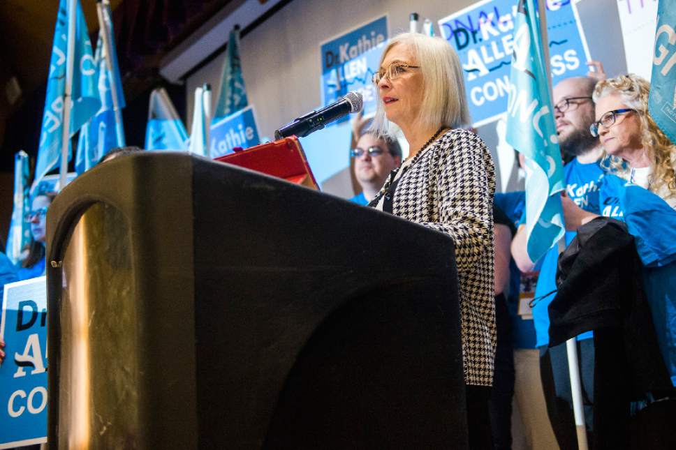 Chris Detrick  |  The Salt Lake Tribune
Third congregational district candidate Dr. Kathie Allen speaks during the Utah State Democratic Party 2017 State Organizing Convention at Weber State University Shepard Union Saturday, June 17, 2017.