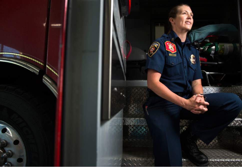 Leah Hogsten  |  The Salt Lake Tribune
Captain Joy Stearns is West Jordan Fire Department's first female fire captain, Tuesday, June 13, 2017.