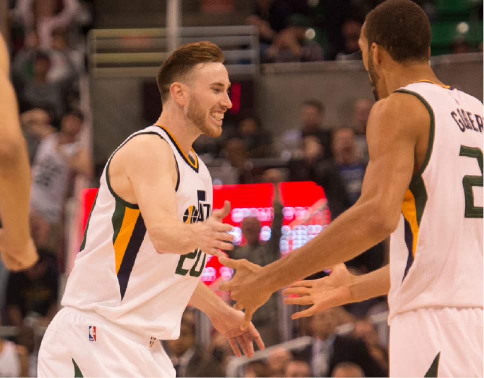 Rick Egan  |  The Salt Lake Tribune

Utah Jazz forward Gordon Hayward (20) is congratulated by Rudy Gobert (27) after Hayward put the Jazz ahead with a 3 point shot, in NBA action Utah Jazz vs. LA Clippers, in Salt Lake City, Monday, March 13, 2017.