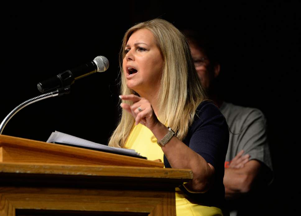 Scott Sommerdorf | The Salt Lake Tribune
Candidate Debbie Aldrich speaks at the Republican Special Convention for Utah Congressional District 3 to choose the candidate to replace Congressman Jason Chaffetz, held at Timpview High School, Saturday, June 17, 2017.