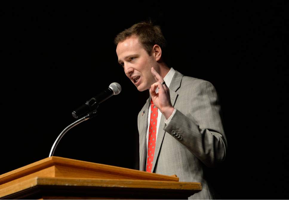 Scott Sommerdorf | The Salt Lake Tribune
Candidate Paul David Fife speaks at the Republican Special Convention for Utah Congressional District 3 to choose the candidate to replace Congressman Jason Chaffetz, held at Timpview High School, Saturday, June 17, 2017.