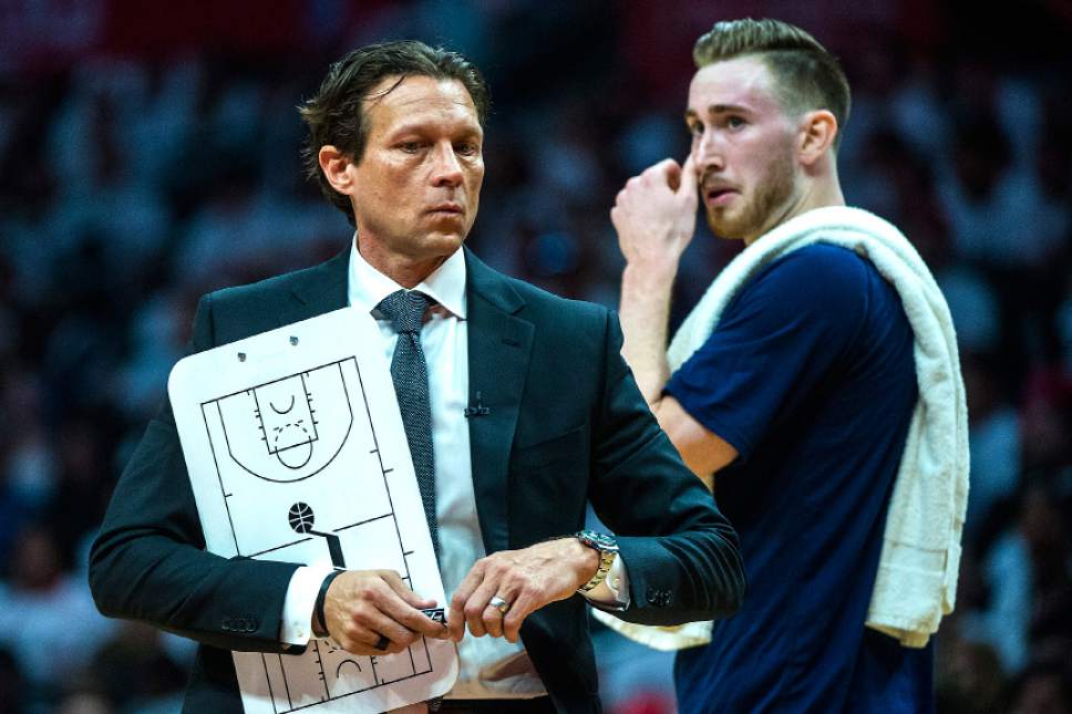 Chris Detrick  |  The Salt Lake Tribune
Utah Jazz head coach Quin Snyder and Utah Jazz forward Gordon Hayward (20) during Game 1 of the Western Conference at the Staples Center Saturday, April 15, 2017.  Utah Jazz defeated LA Clippers 97-95.