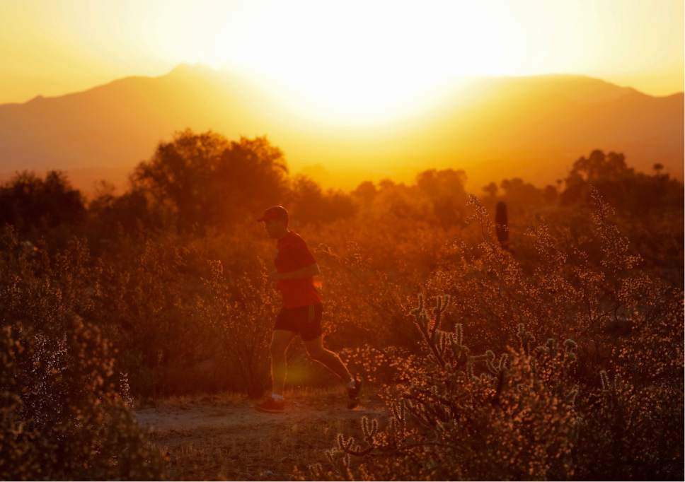 A man runs through the desert at sunrise, Friday, June 16, 2017, in Phoenix. A record heat wave is rolling into Arizona, Nevada and California, threatening to bring 120-degree temperatures to Phoenix by early next week. (AP Photo/Matt York)