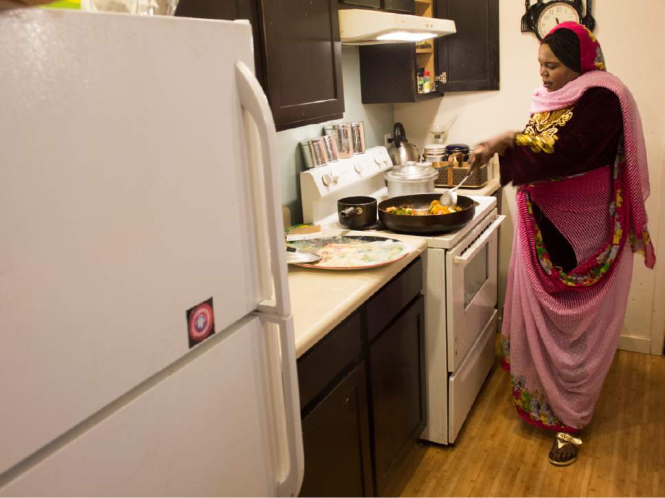Rick Egan  |  The Salt Lake Tribune

Kaltum Mohamed cooks fresh vegetables as she prepares one of her recipes from her native Sudan in her South Salt Lake apartment Monday, April 24, 2017.