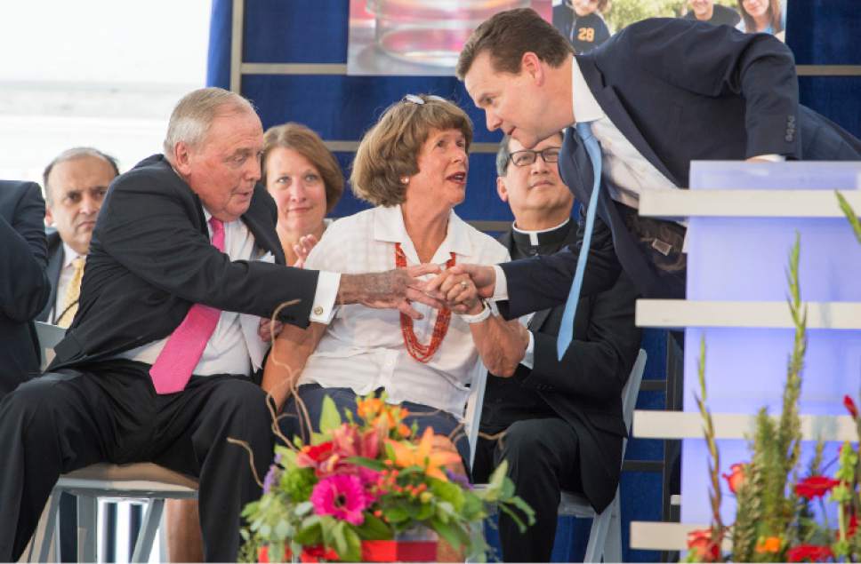 Leah Hogsten  |  The Salt Lake Tribune
 l-r Peter Huntsman, CEO of the Huntsman Cancer Foundation and President and CEO of the Huntsman Corporation is thanked by his father and mother, Jon M. Huntsman Sr. and Karen Huntsman during the dedication ceremony of the Primary Children's and Families' Cancer Research Center, June 21, 2017. Huntsman Cancer Institute (HCI) dedicated the Primary Children's and Families' Cancer Research Center, a world-class facility dedicated to advancing cancer research and patient care.