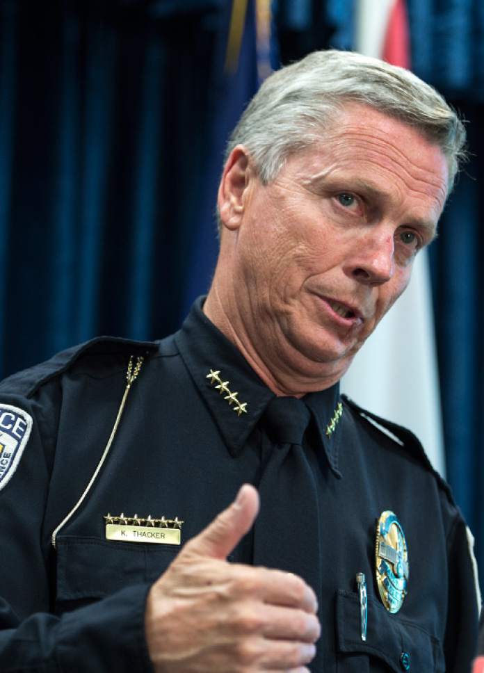 Leah Hogsten  |  The Salt Lake Tribune
"We're very happy with the protocol we have," said Sandy Police Chief Kevin Thacker, Tuesday, June 20, 2017, during a press conference regarding the June 6 shooting of Memorez Rackley, her two sons, and a good Samaritan's daughter.
Since the shooting deaths, questions have been raised regarding Sandy City Police Department's policies and procedures in how the case was handled. Chief Thacker told the room full of reporters that the most dangerous, physical violence may not happen while co-habitating. "We can't force someone to leave their home," said Thacker.