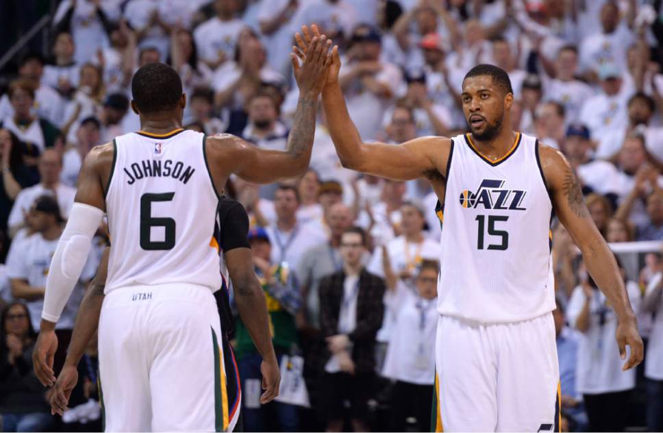 Steve Griffin  |  The Salt Lake Tribune


Utah Jazz forward Joe Johnson (6) and Utah Jazz forward Derrick Favors (15) high-five as the Jazz pull away from the Clippers late in the fourth quarter of their NBA playoff game at Viviint Smart Home arena in Salt Lake City Sunday April 23, 2017.