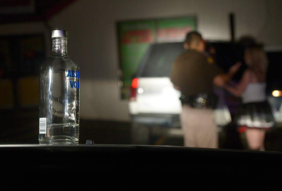 Leah Hogsten  |  Tribune file photo
Utah Highway Patrol Trooper Terry Buck investigates the scene of a DUI where a near empty bottle of vodka was found in the vehicle, October 31, 2014.