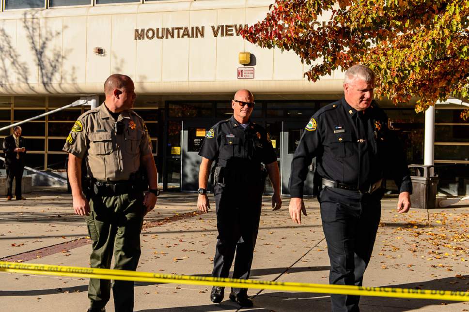 Trent Nelson  |  The Salt Lake Tribune
Law enforcement on the scene after a 16-year-old boy allegedly stabbed several other male students before reportedly turning his knife on himself at Mountain View High School in Orem Tuesday November 15, 2016.