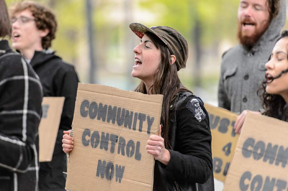 Trent Nelson  |  The Salt Lake Tribune
Samantha Stott, one of about thirty people who attended a rally at the Public Safety Building in Salt Lake City, Saturday April 23, 2016, calling for the release of video showing the police shooting of Abdi Mohamed.