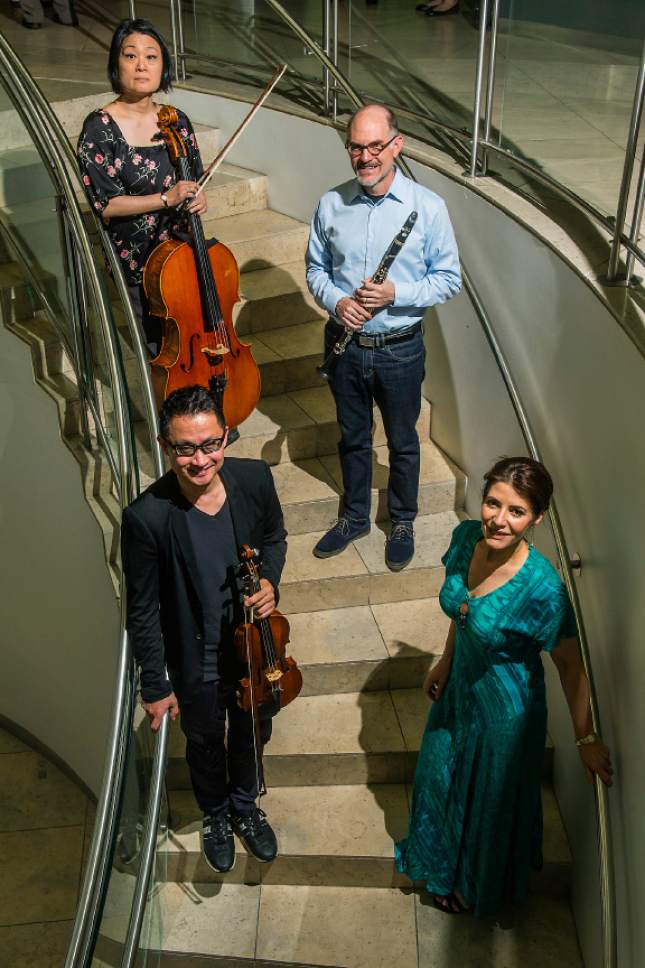 Chris Detrick  |  The Salt Lake Tribune

Cellist Pegsoon Whang, clarinetist Lee Livengood, violinist Lun Jiang and pianist Vedrana Subotic pose for a portrait at Westminster College Jewett Center in Salt Lake City on Tuesday, June 6, 2017. They will perform on the Intermezzo Chamber Music Series' season-opening concert.